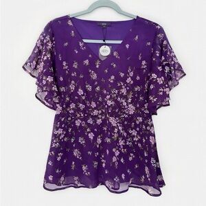 CODE Purple Floral Chiffon Top with Flutter Sleeves Size 14
